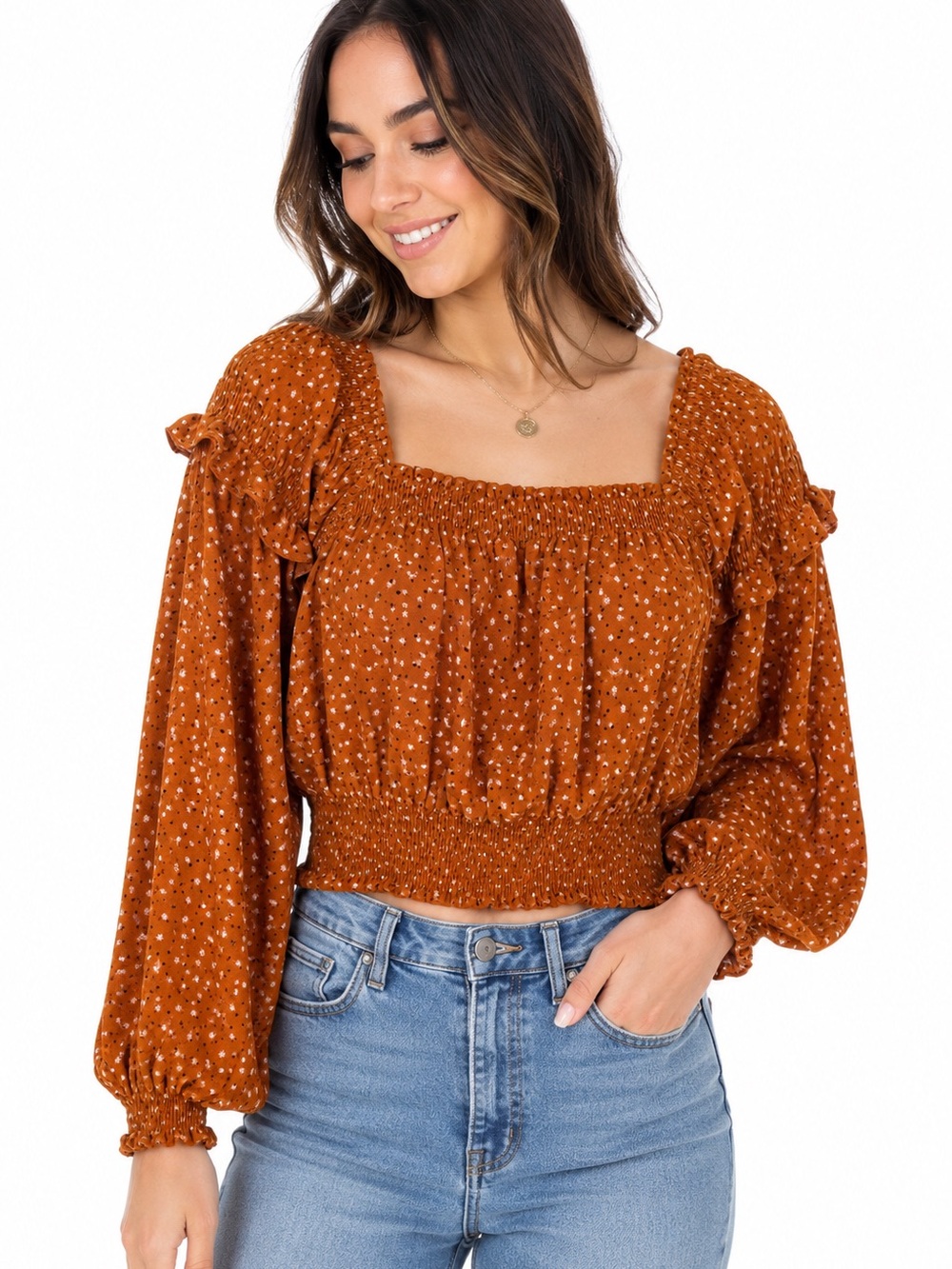 BNWT Bohme Rust Floral Smocked Peasant Long Sleeve Top